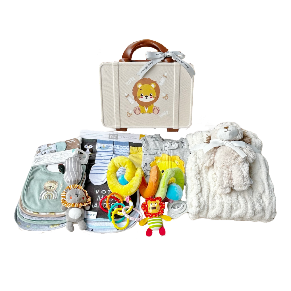 New Born Baby Boy LED Light Layette Plush Blanket Lion Suitcase Mummy Makeup Box Gift Hamper Gift Box Set - Little Kooma