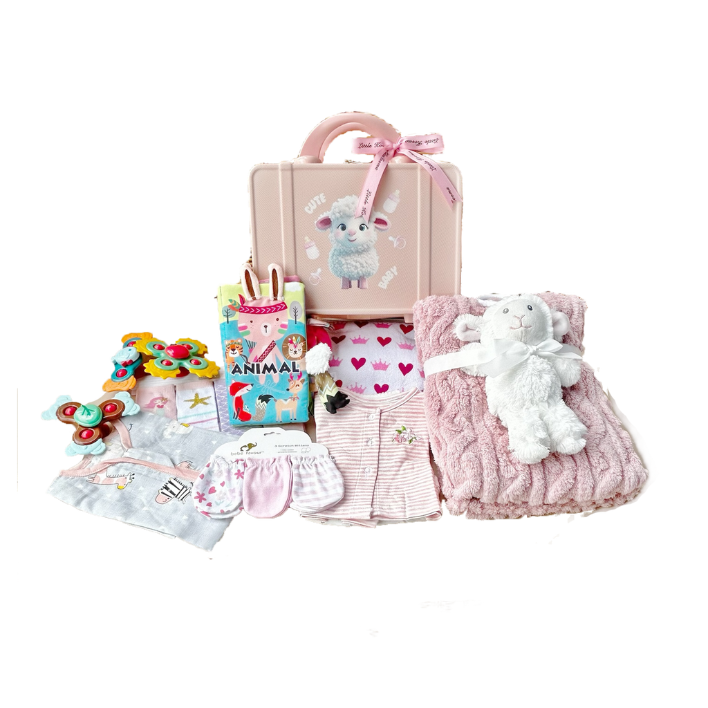New Born Baby Girl LED Light Layette Plush Blanket Romper White Sheep Suitcase Mummy Makeup Box Gift Hamper Gift Box Set - Little Kooma