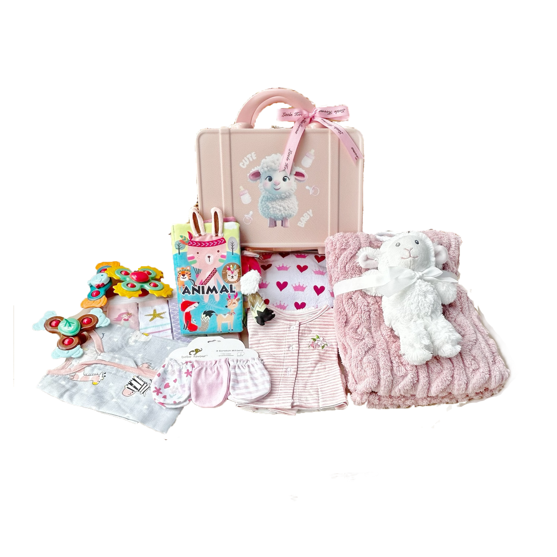 New Born Baby Girl LED Light Layette Plush Blanket Romper White Sheep Suitcase Mummy Makeup Box Gift Hamper Gift Box Set - Little Kooma