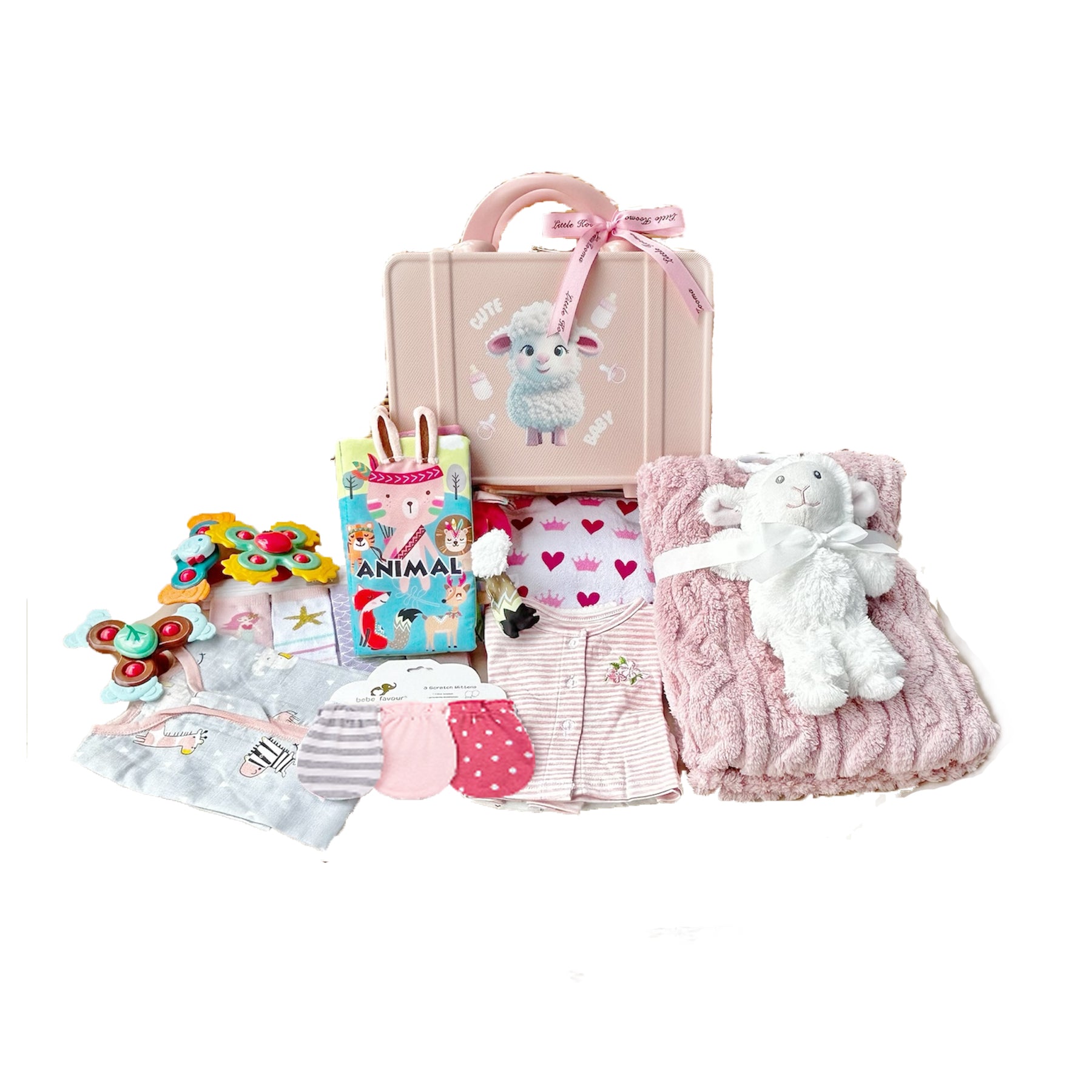 New Born Baby Girl LED Light Layette Plush Blanket Romper White Sheep Suitcase Mummy Makeup Box Gift Hamper Gift Box Set