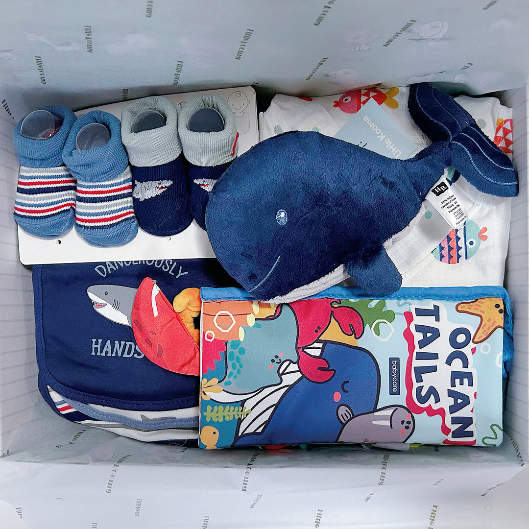 Personalised New Born Baby Boy Little Kooma Brand Gift Box 9 Pcs Whale Shark Ocean Gift Box Set - Little Kooma
