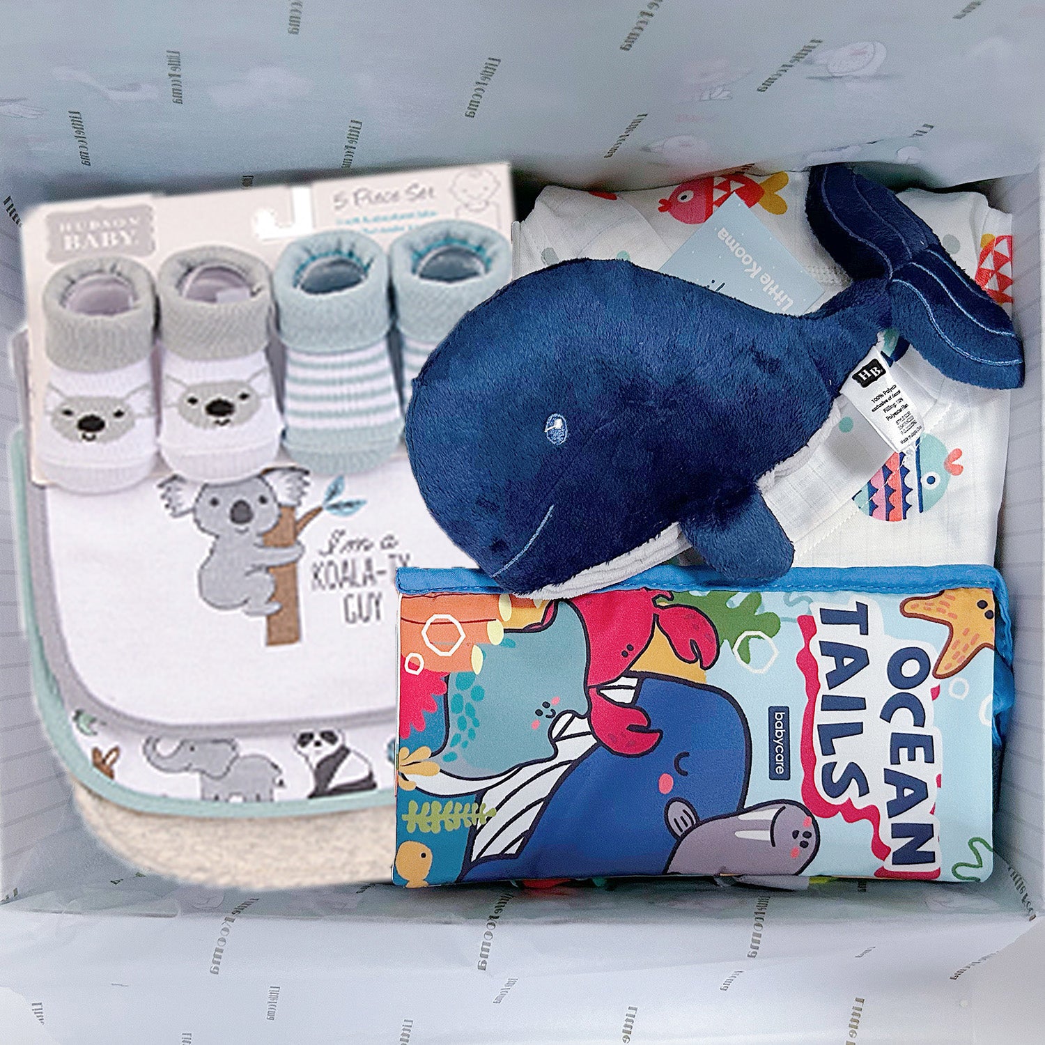 Personalised New Born Baby Boy Little Kooma Brand Gift Box 9 Pcs Whale Shark Ocean Gift Box Set