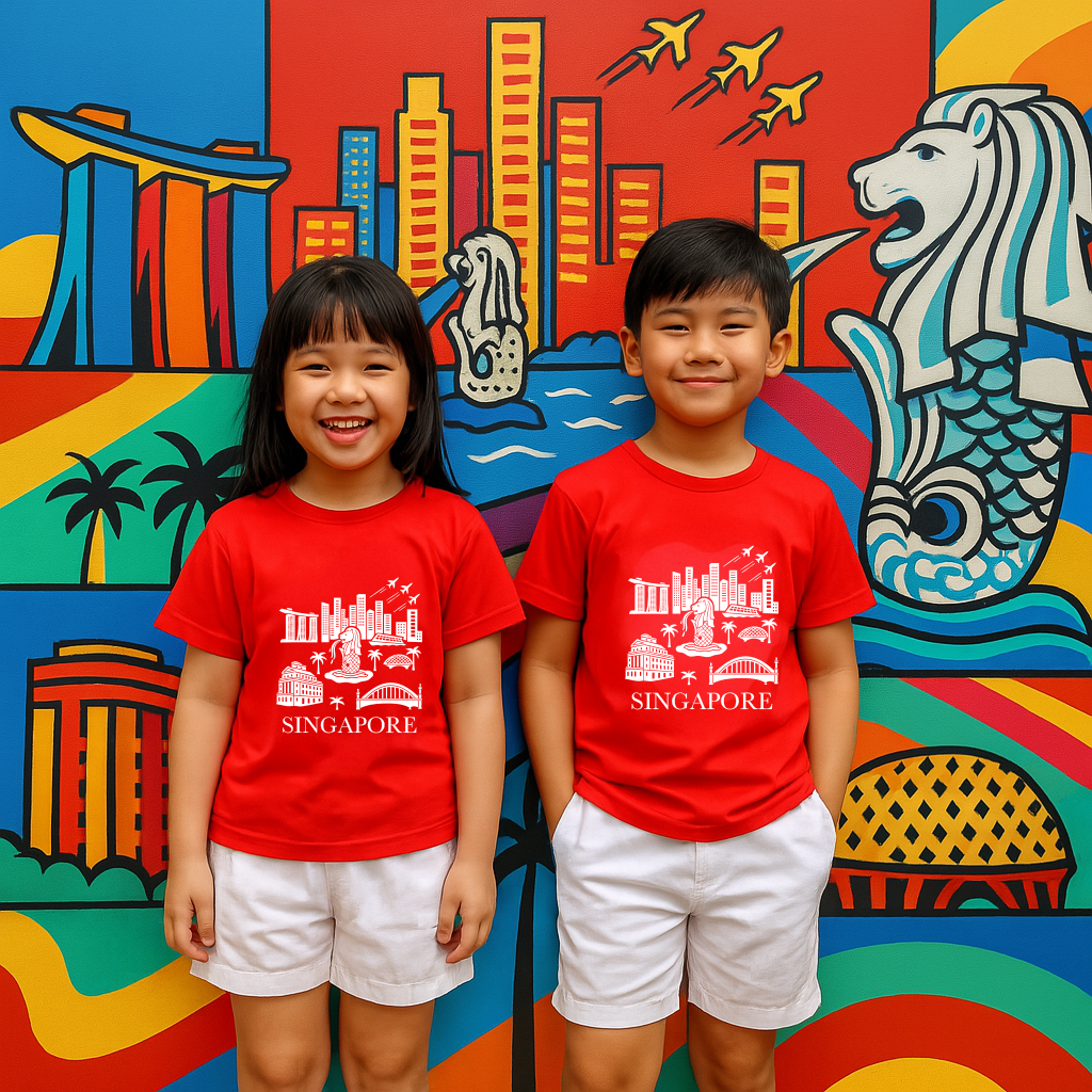 National Day NDP Red Top - Baby Kids Red T-shirt Merlion City Skyline Fighters National Day Top Outfit - Little Kooma