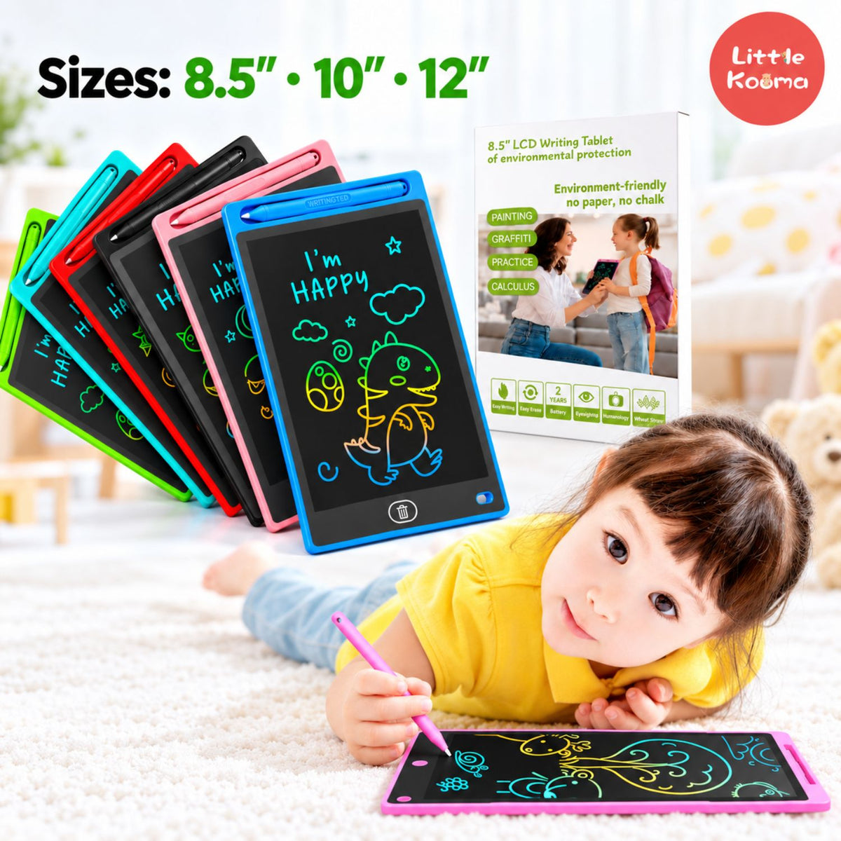 Kids LCD Writing Tablet & Reusable Doodle Board with Stylus 2 Years + | 8.5", 10" & 12" - Little Kooma