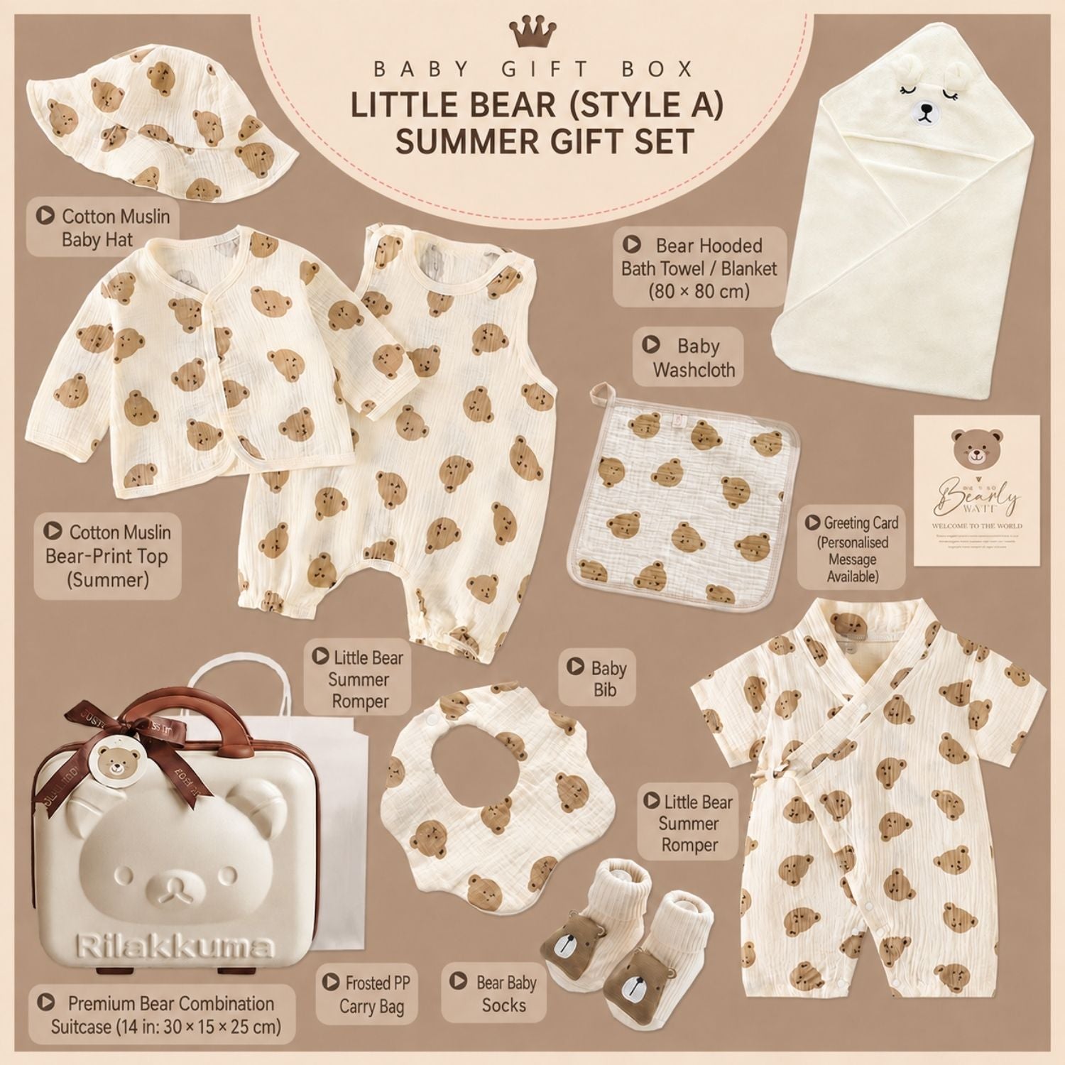 Little Bear Newborn Baby Gift Set – Cotton Muslin Summer Essentials with Keepsake Suitcase