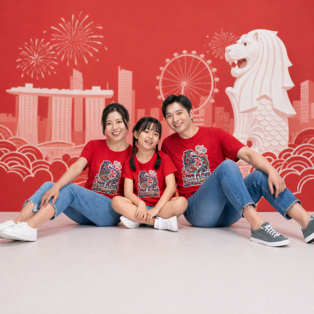Singapore National Day Kids Red T-Shirt Family Matching Outfit - LOVE FLOWS in Singapore Merlion Design - Little Kooma