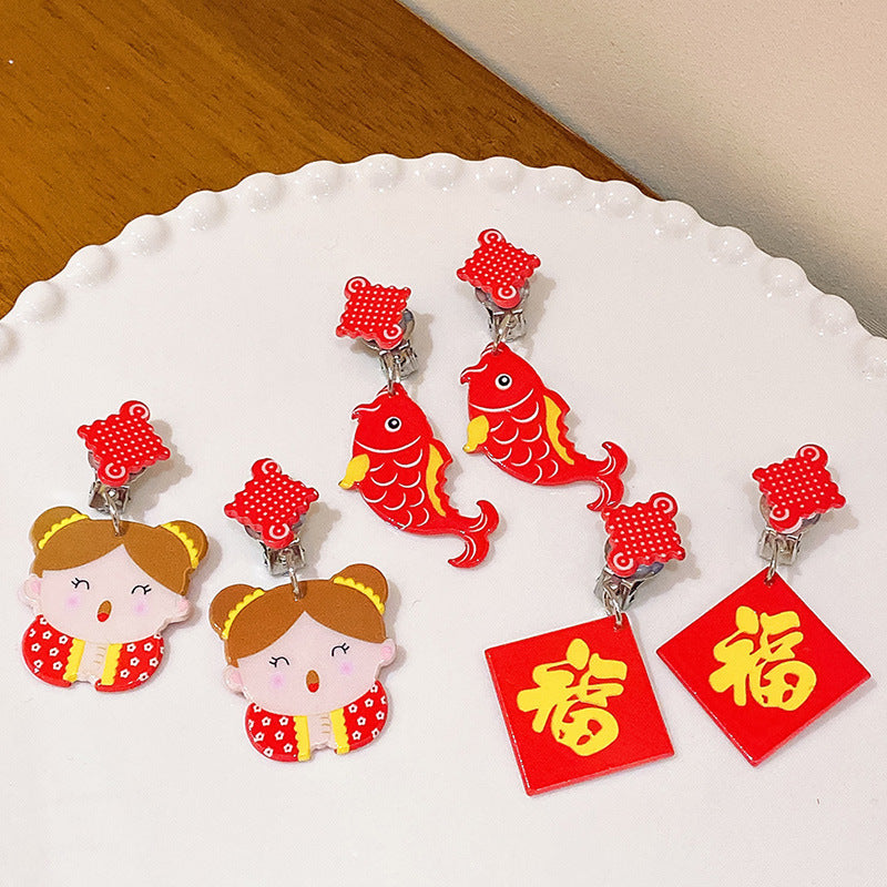 Chinese New Year CNY Kids Girl's Ear Clips Clip-on Earrings - Little Kooma