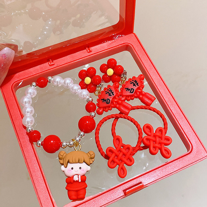 Chinese New Year CNY Red Kids Girl's Hair Accessories Bracelets Ear Clips Set - Little Kooma