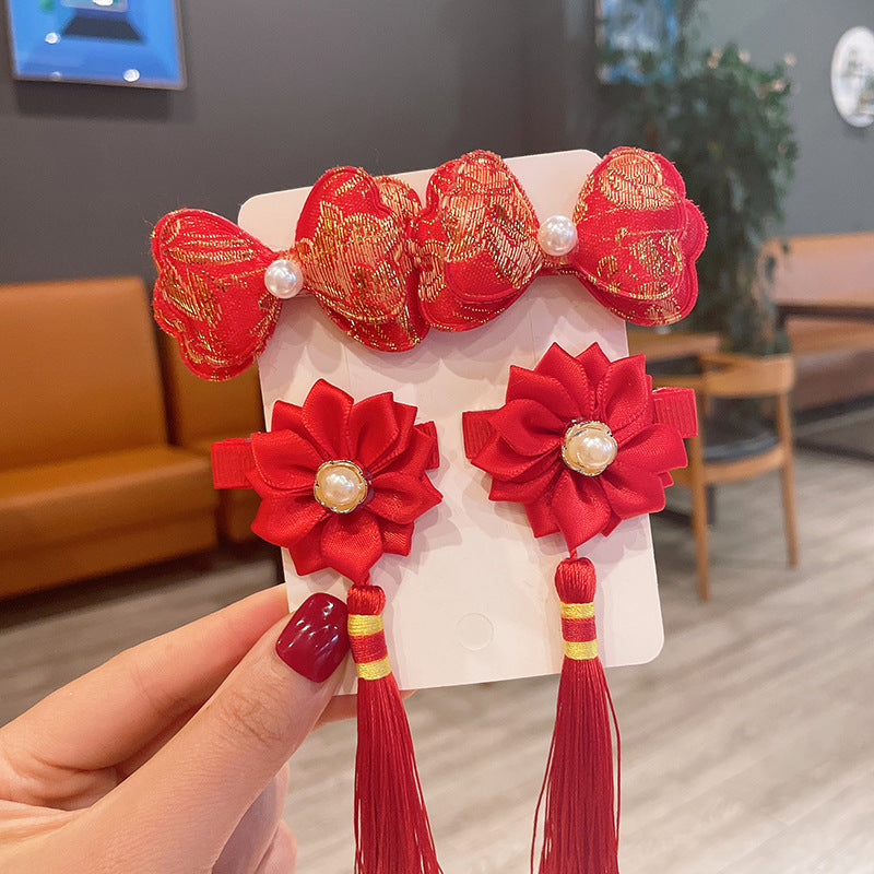 Chinese New Year CNY Red Kids Girl's Hair Accessories Bracelets Ear Clips Set - Little Kooma