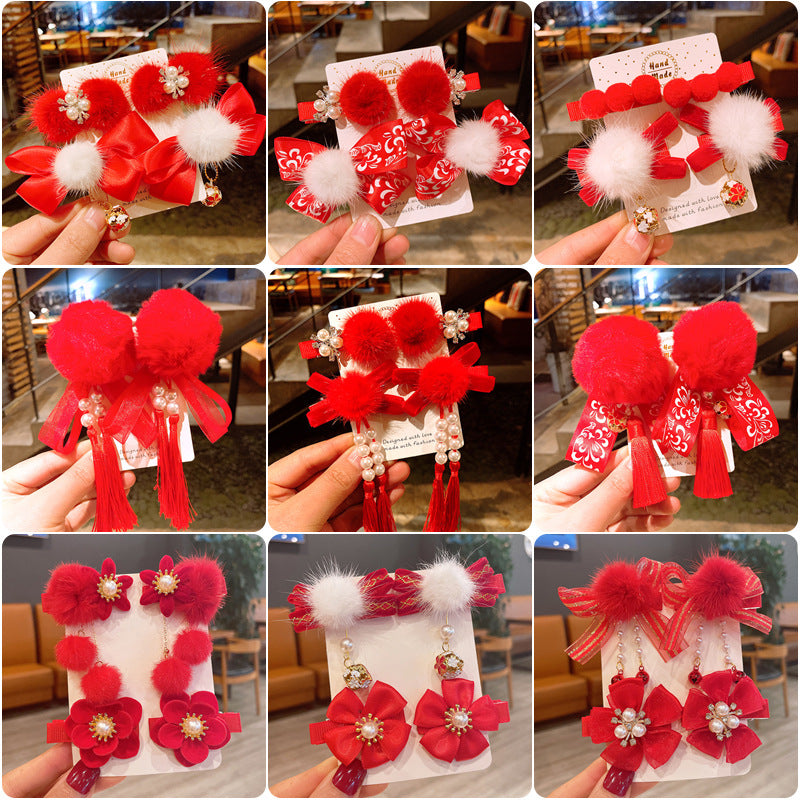 Chinese New Year CNY Red Kids Girl's Hair Accessories Bracelets Ear Clips Set - Little Kooma