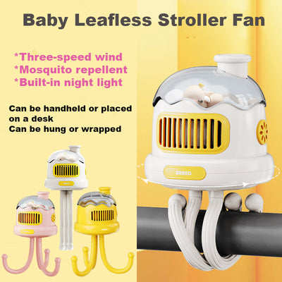 Baby Kids Leafless Oscillating Mini Three-speed Airflow Night Light Mosquito Repellent Stroller Fan - Little Kooma