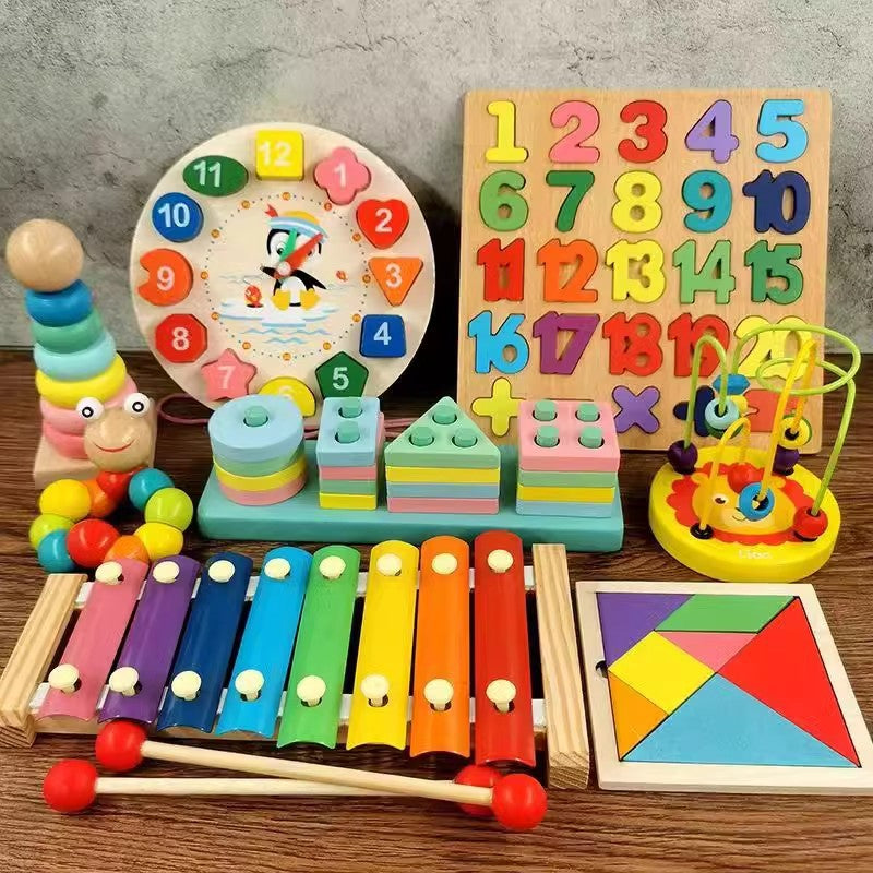 Kids Wooden Xylophone Clock Caterpillar Geometric Stacking Board Clearance Sale 3 Years +