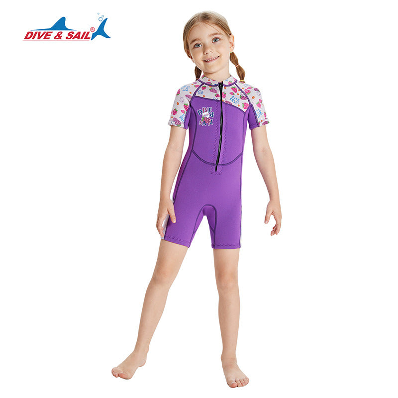 Baby Kids Girl's 2.5MM Comfortable UV Protection Quick-drying Flexible Durable Thermal Short Sleeves Purple Strawberry Rabbit One Piece Swimwear Swimming Suit - Little Kooma