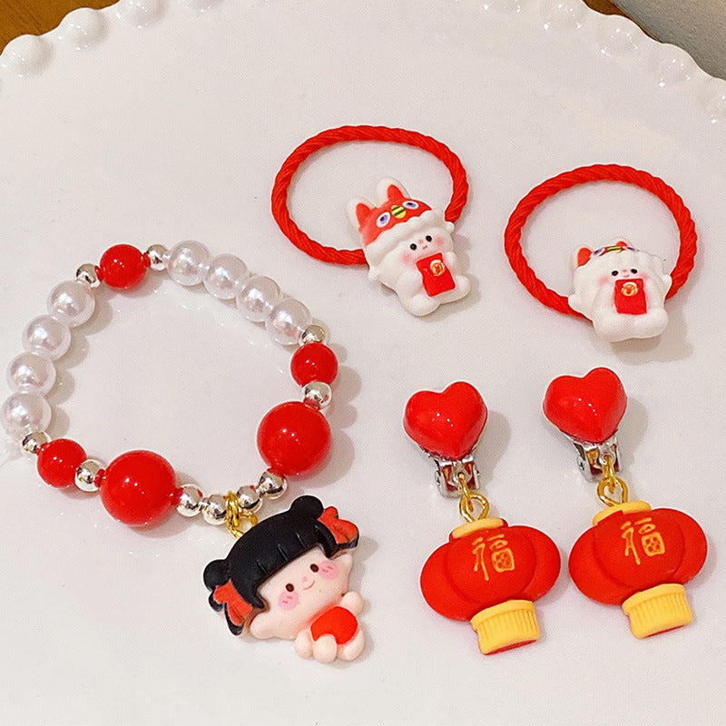 Chinese New Year CNY Red Kids Girl's Hair Accessories Bracelets Ear Clips Set - Little Kooma