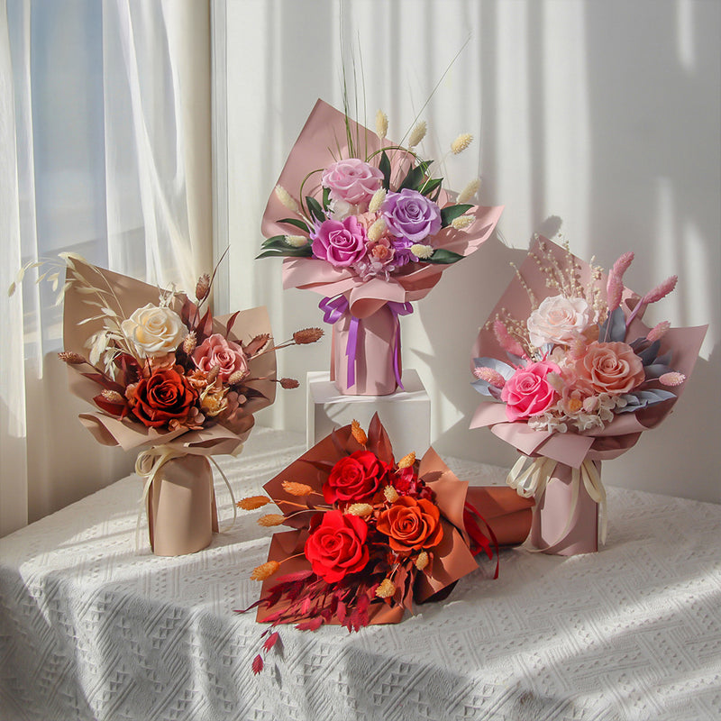 Roses Carnation Preserved Flowers Hand Bouquet Eternal Flowers For Mum Baby Shower Gift - Little Kooma