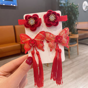 Chinese New Year CNY Red Kids Girl's Hair Accessories Bracelets Ear Clips Set - Little Kooma