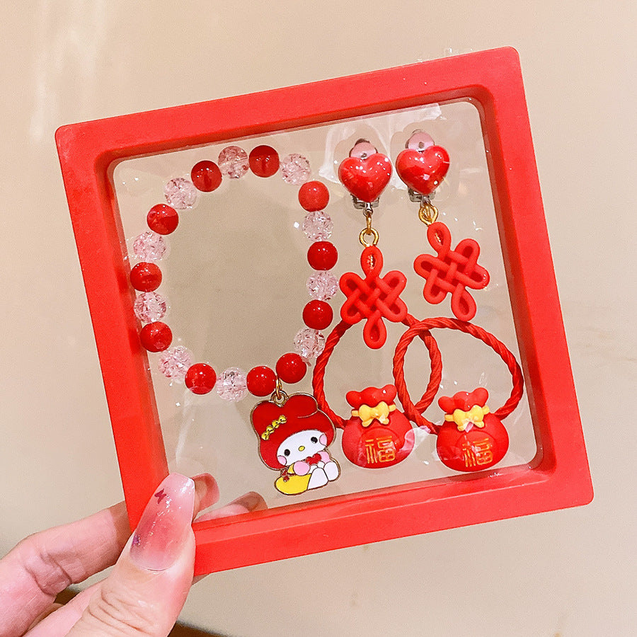 Chinese New Year CNY Red Kids Girl's Hair Accessories Bracelets Ear Clips Set - Little Kooma