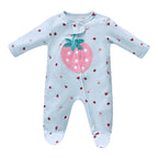 Baby Cotton Sleepsuit Blue Stripes Strawberry Two Way Zipper All In One Jumpsuit Feet Cover - Little Kooma