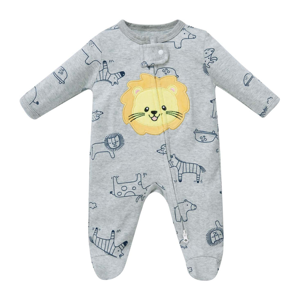 Baby Boy Cotton Sleepsuit Grey Animal Lion Two Way Zipper All In One Jumpsuit - Little Kooma