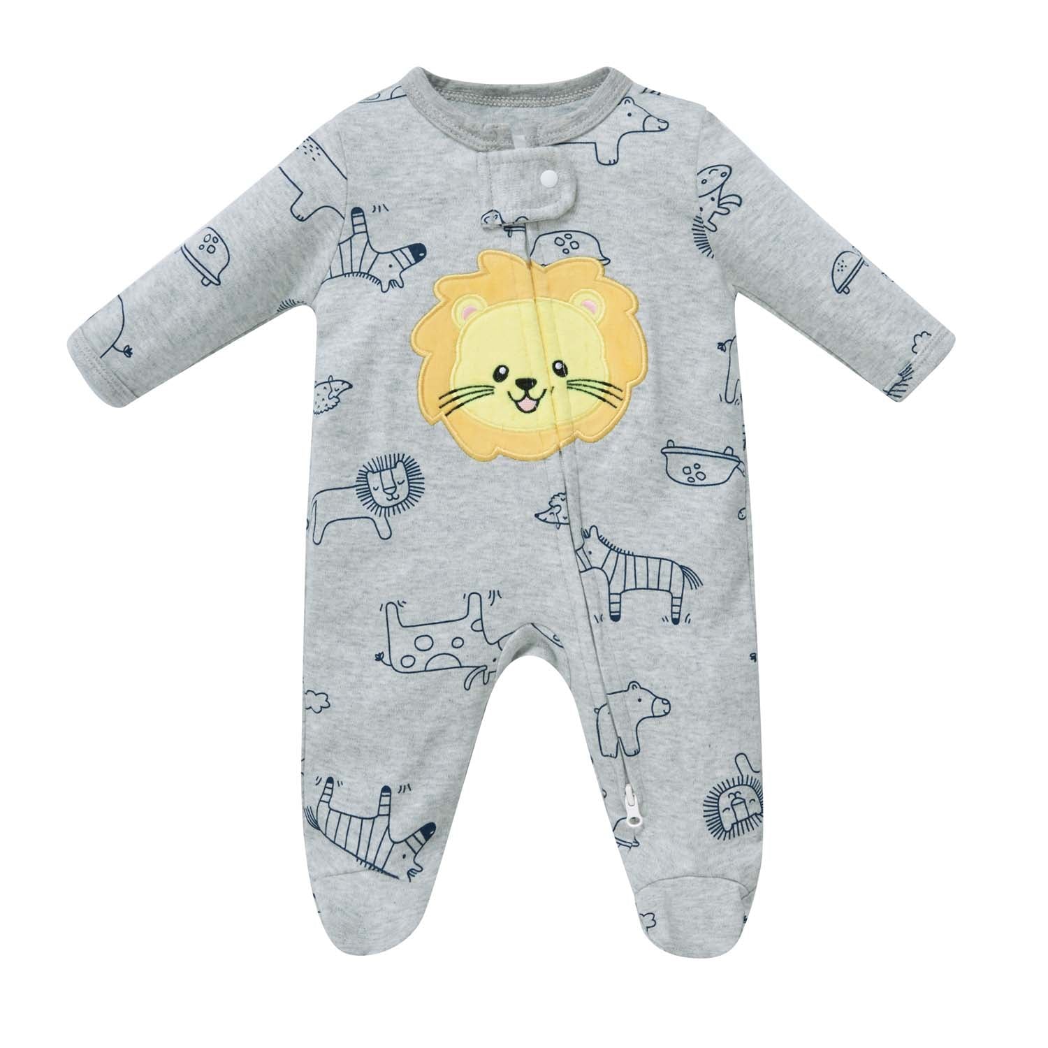 Baby Boy Cotton Sleepsuit Grey Animal Lion Two Way Zipper All In One Jumpsuit - Little Kooma