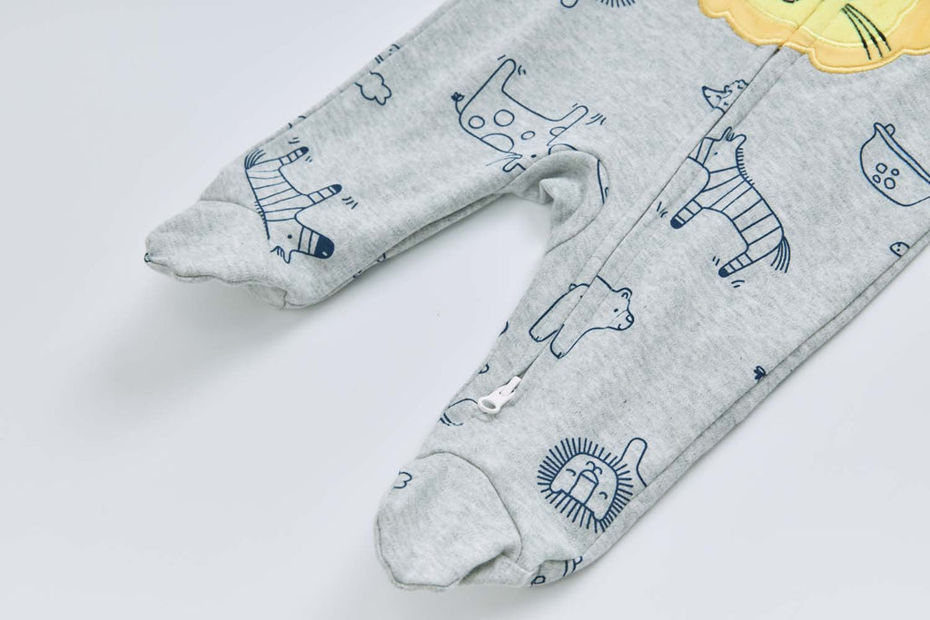 Baby Boy Cotton Sleepsuit Grey Animal Lion Two Way Zipper All In One Jumpsuit - Little Kooma