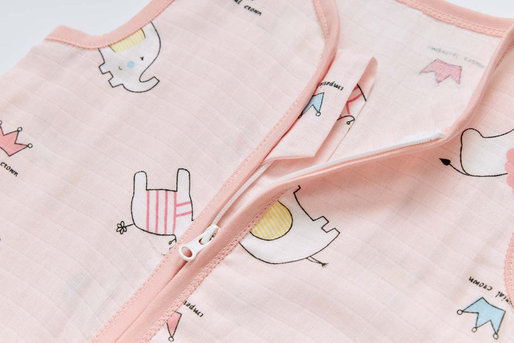 Baby Wearable Muslin Blanket Sleeveless Sleeping Bag 3-Way Zipper Pink Elephant Giraffe 0.2 TOG - Little Kooma