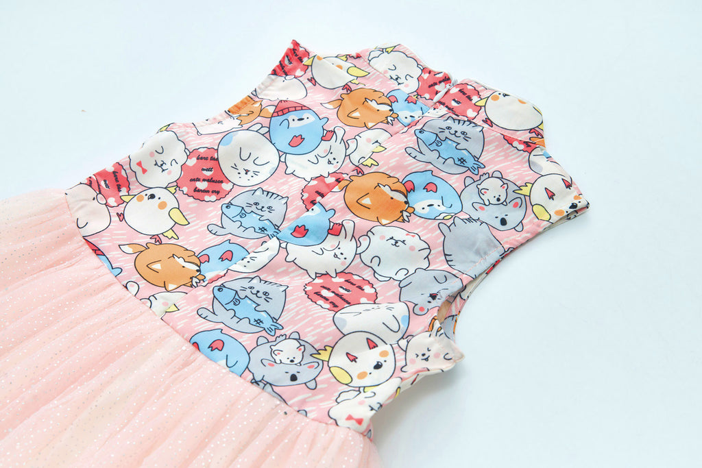 Purrfect Family Paws Baby Kids Girl Sleeveless Pink Cats Voile Cheongsam Dress Family Wear 0814 - Little Kooma