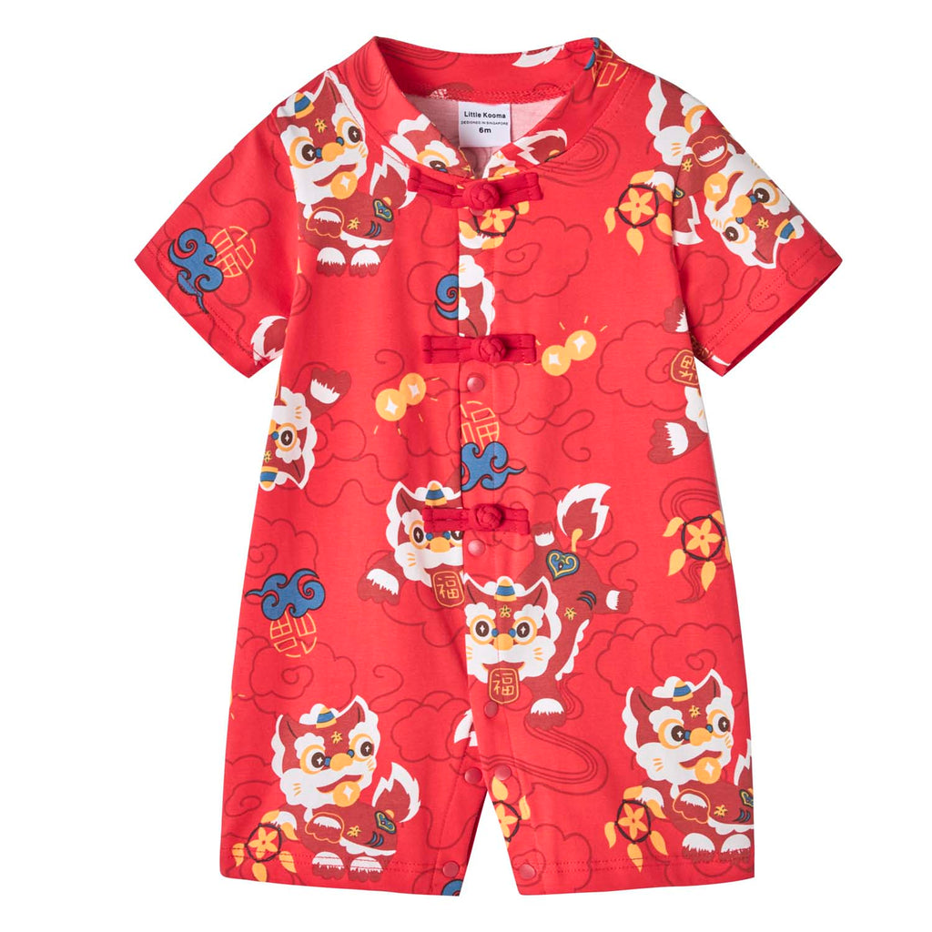 Ready Stock CNY Red Lion Dance Baby Boy Cheongsam Romper Singapore Outfit