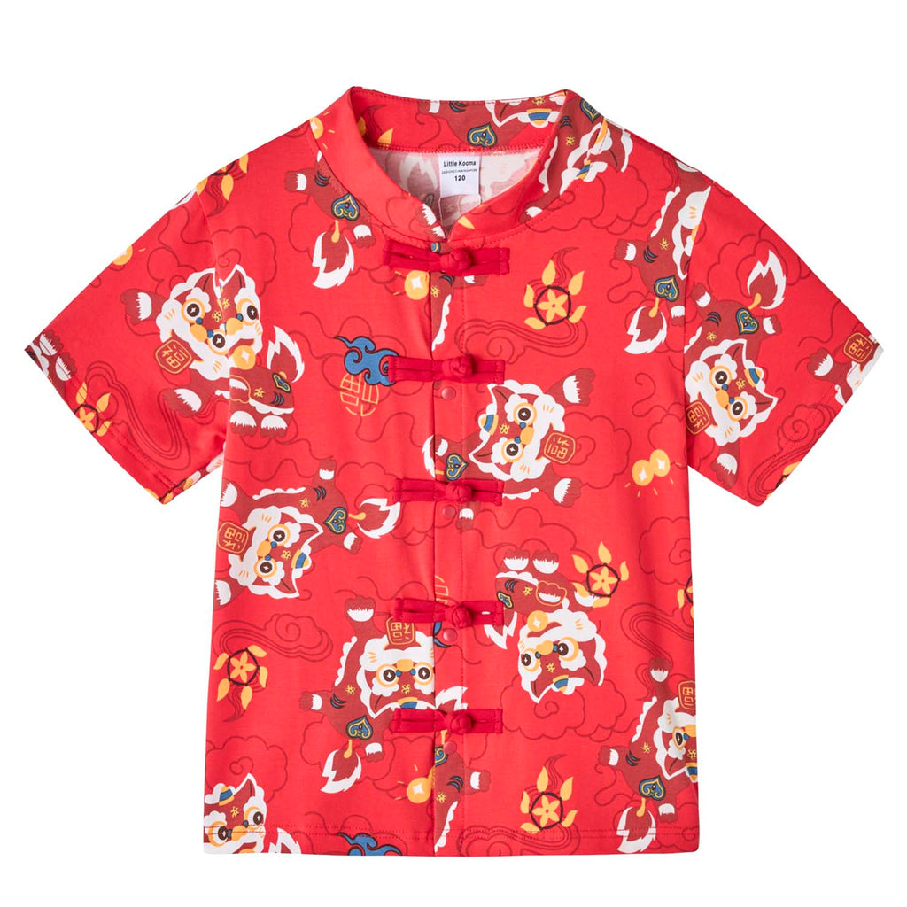 Ready Stock CNY Red Lion Dance Cheongsam Top & Shorts Set Baby Kids Boys Chinese New Year