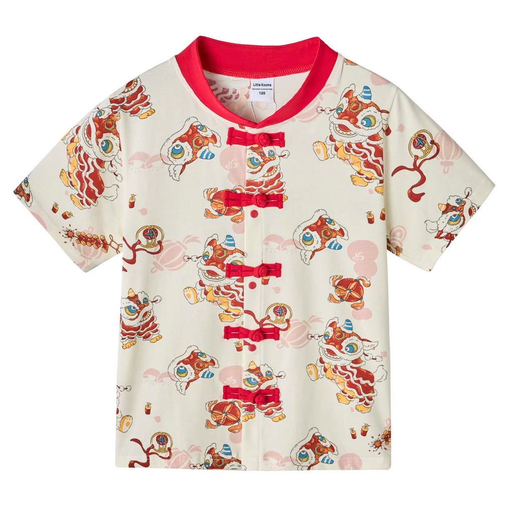 Ready Stock Singapore CNY White Lion Dance Cheongsam Outfit Set for Baby Kids Boys Top & Shorts