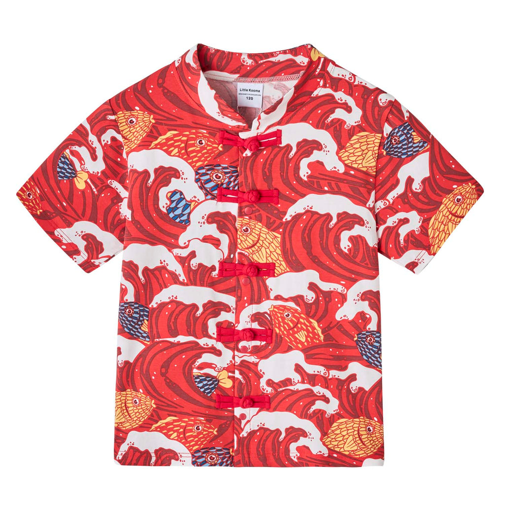 Ready Stock CNY Carp Dragon Leap Boys Cheongsam Top & Shorts Baby Kids Chinese New Year Outfit