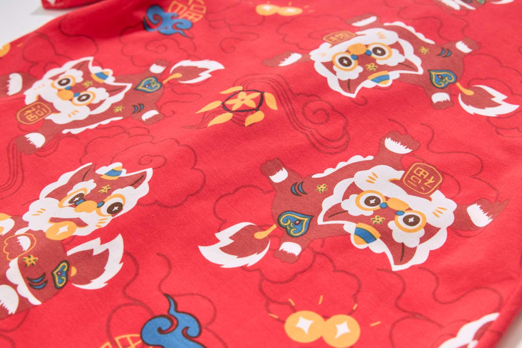 Ready Stock CNY Red Lion Dance Cheongsam Top & Shorts Set Baby Kids Boys Chinese New Year