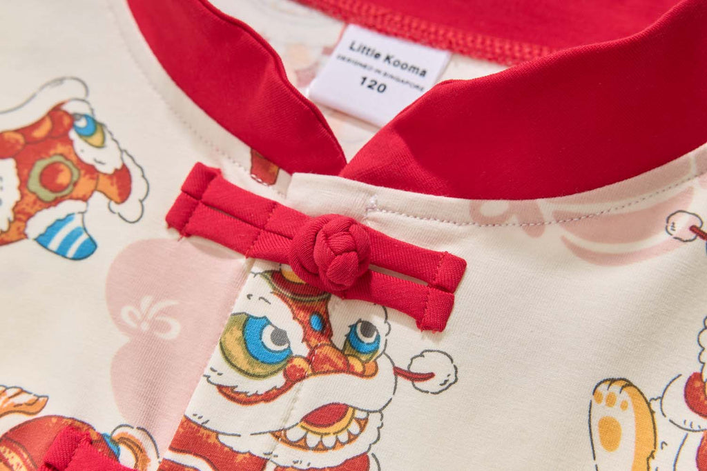 Ready Stock Singapore CNY White Lion Dance Cheongsam Outfit Set for Baby Kids Boys Top & Shorts