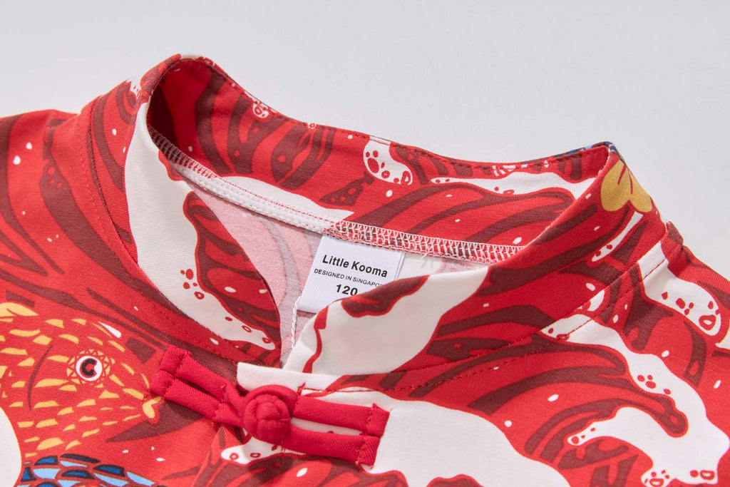 Ready Stock CNY Carp Dragon Leap Boys Cheongsam Top & Shorts Baby Kids Chinese New Year Outfit