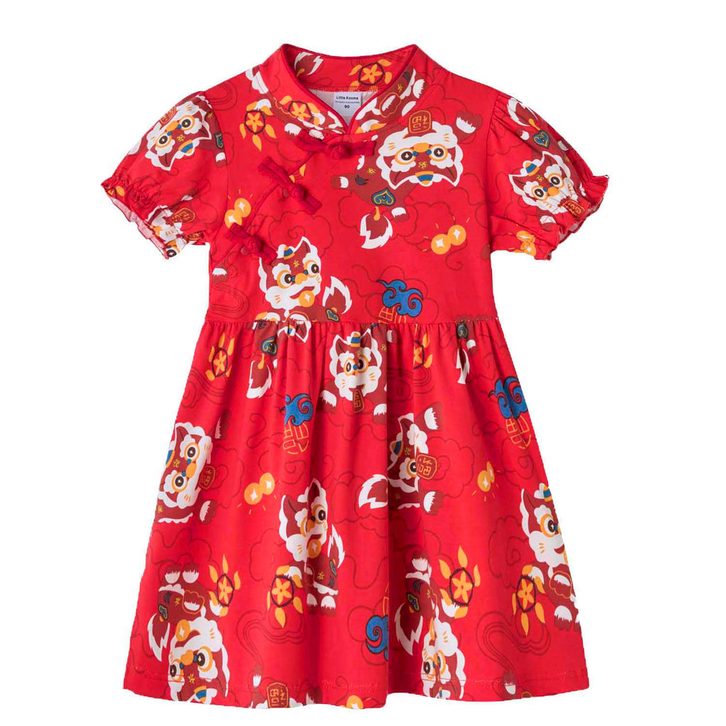 Ready Stock Festive Red Lion Dance Girl Cheongsam Dress Baby Kids CNY Outfit Singapore