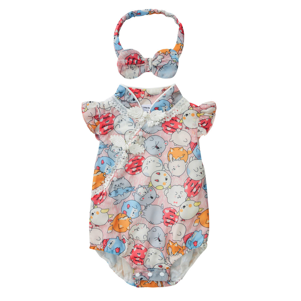 Purrfect Family Paws Baby Girl Pink Cats Cheongsam Bodysuit n Headwrap Set Family Wear 0821 - Little Kooma
