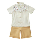Blossom Harmony Collection Baby Kids Boys Beige Cheongsam Set Little Flower Prints Top n Shorts CNY Chinese New Year Outfit 0819 - Little Kooma