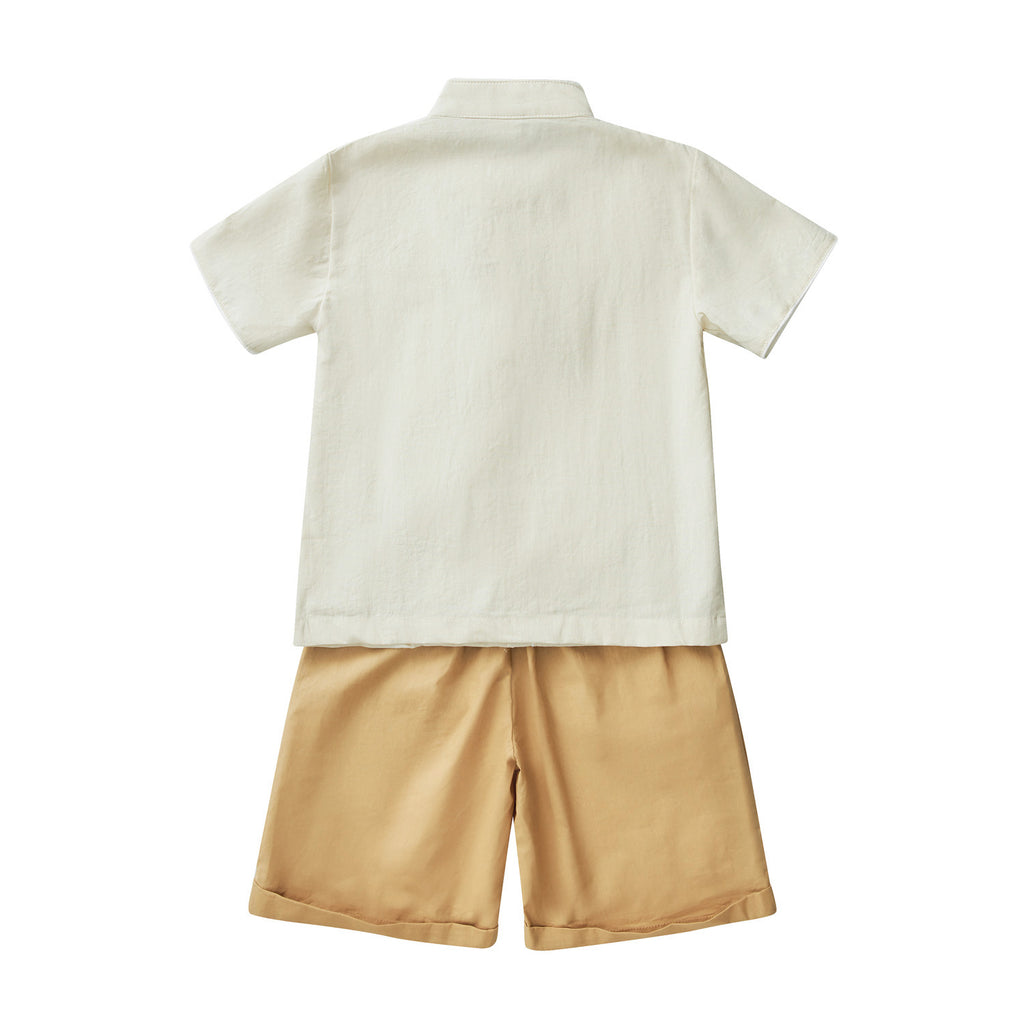 Blossom Harmony Collection Baby Kids Boys Beige Cheongsam Set Little Flower Prints Top n Shorts CNY Chinese New Year Outfit 0819 - Little Kooma