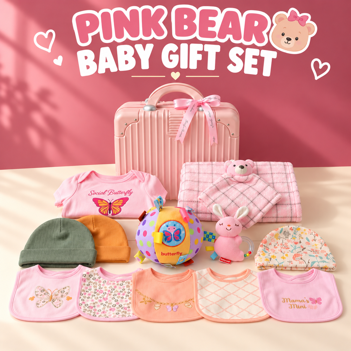 New Born Baby Girl Pink Bear LED Light Layette Plush Blanket Romper Suitcase Mummy Makeup Box Gift Hamper Gift Box Set