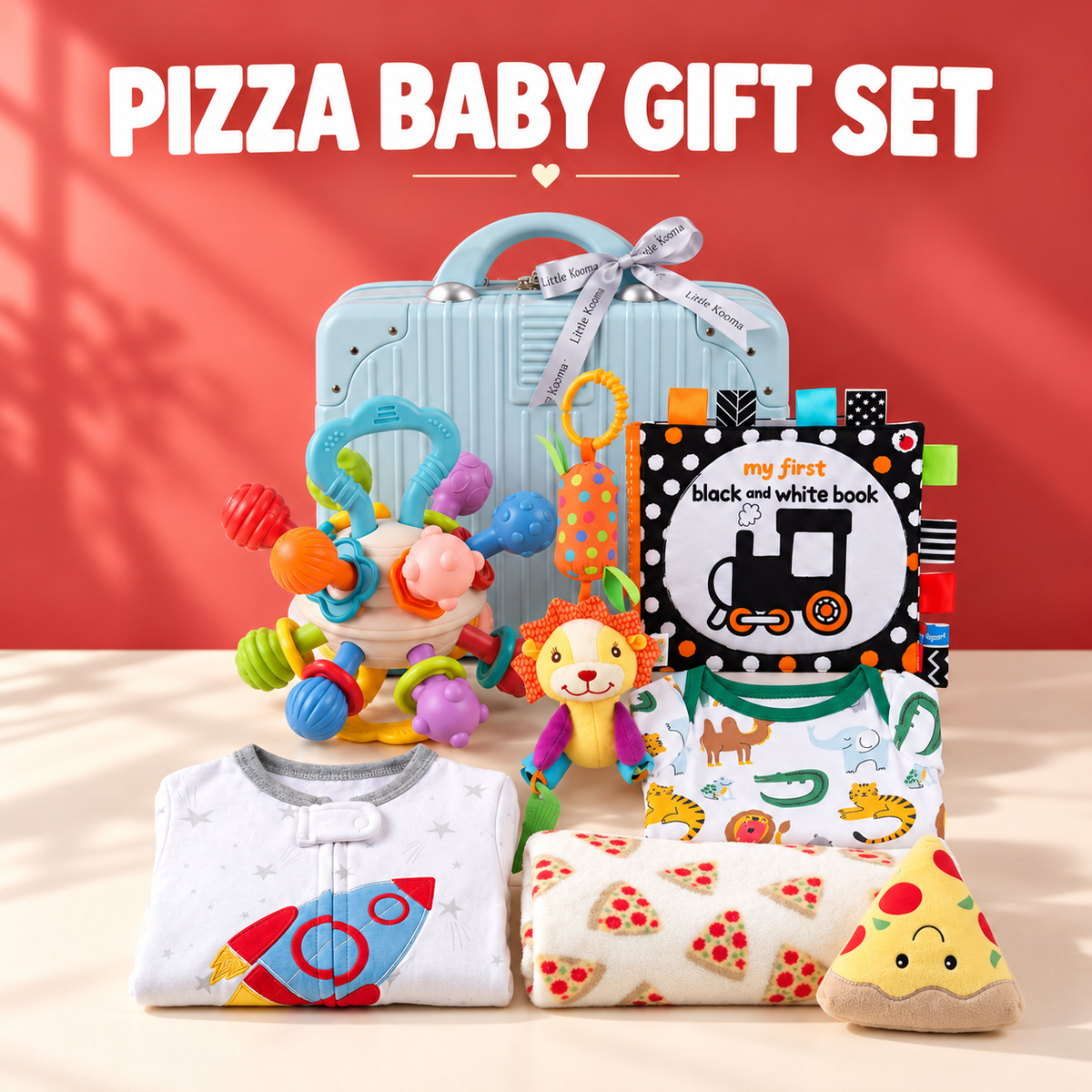 New Born Baby Boy Pizza LED Light Layette Plush Blanket Suitcase Mummy Makeup Box Gift Hamper Gift Box Set - Little Kooma