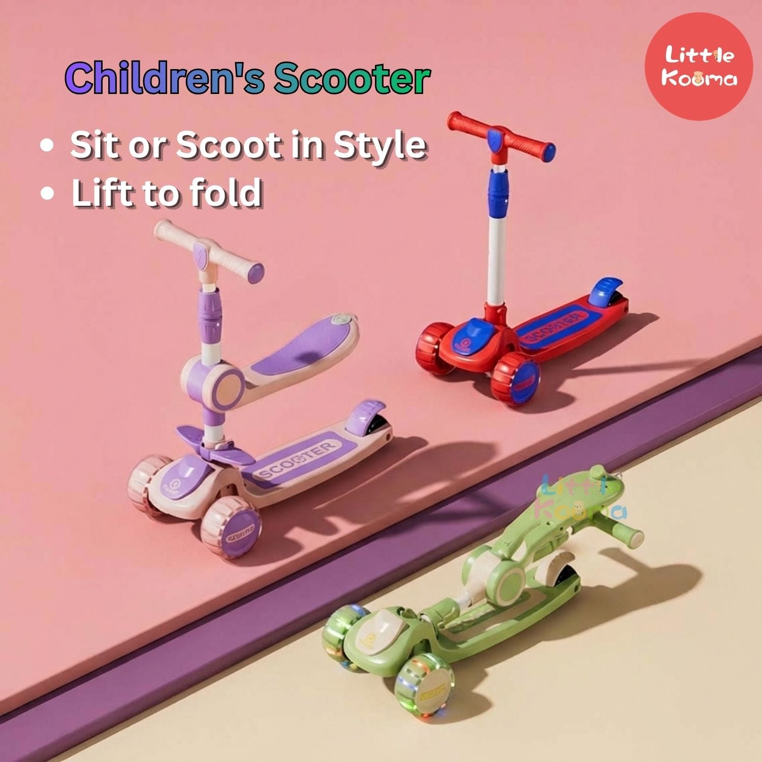 Ready Stock 2-in-1 Kids Scooter with Seat Adjustable Height LED Flash Wheels Toddler Kickboard - Little Kooma
