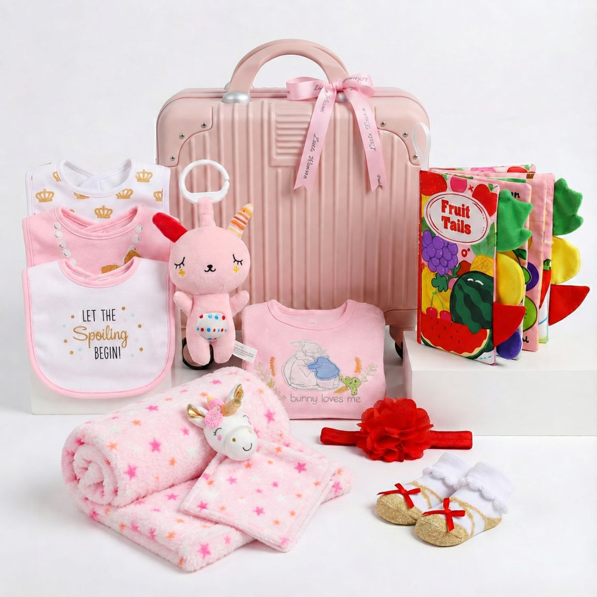 New Born Baby Girl Unicorn LED Light Layette Plush Blanket Romper Suitcase Mummy Makeup Box Gift Hamper Gift Box Set