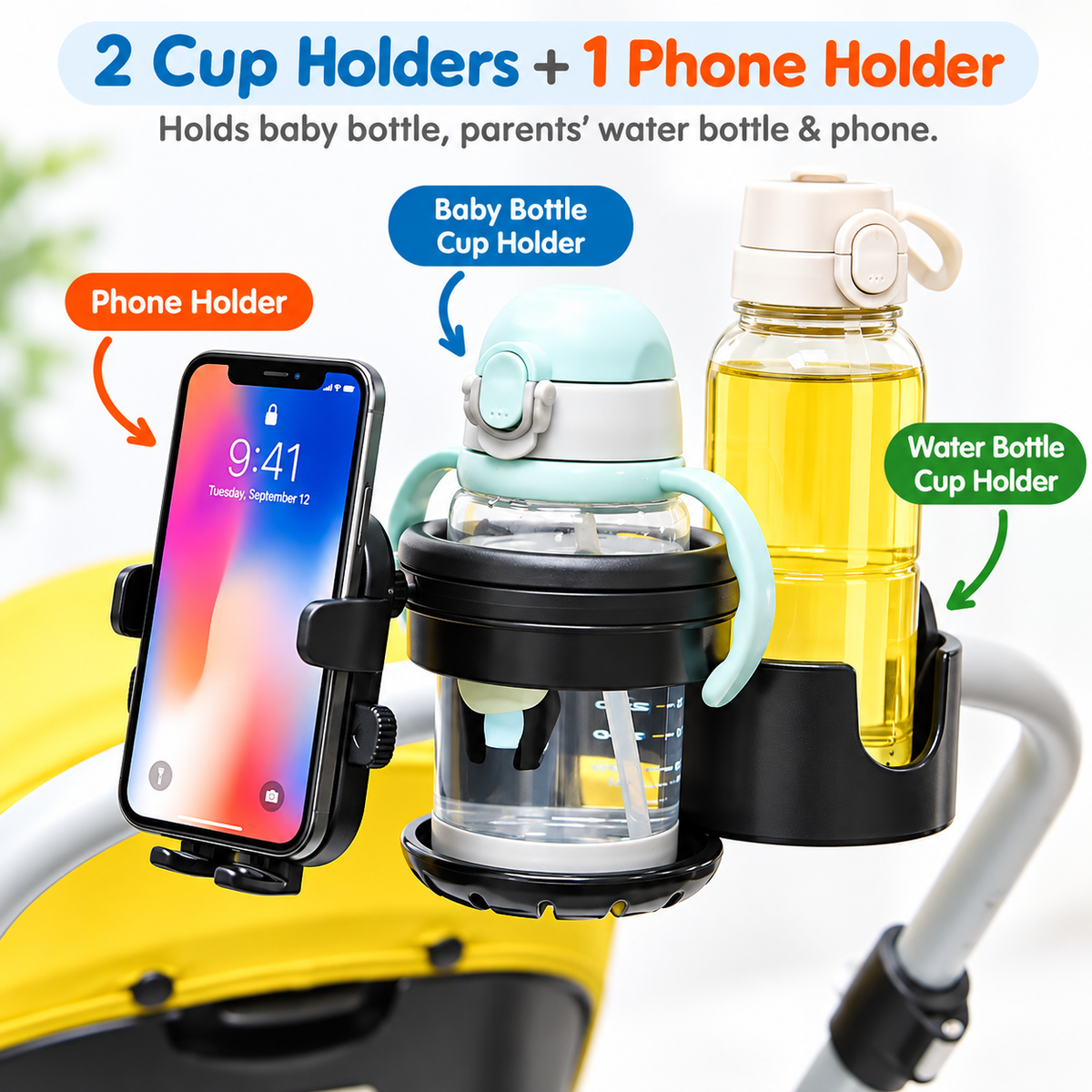 Universal Stroller Cup Holder w Handphone Holder 3-in-1 Stroller Accessories Bike Treadmill Wheelchair Water Bottle Holder - Little Kooma