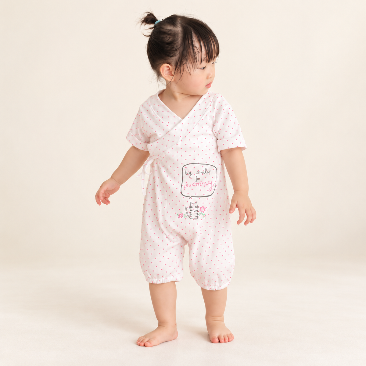Baby Girl Kimono Romper White w Pink Dots Big Smiles for Mummy