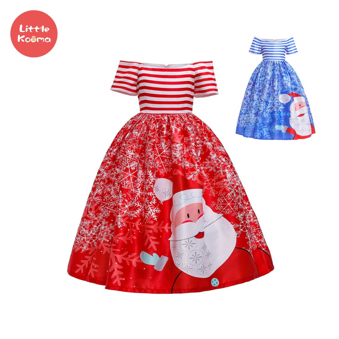 Kids Girls Drop Shoulder Santa Snow Flakes Dress Big Bowtie Christmas Outfit w Zip - Little Kooma