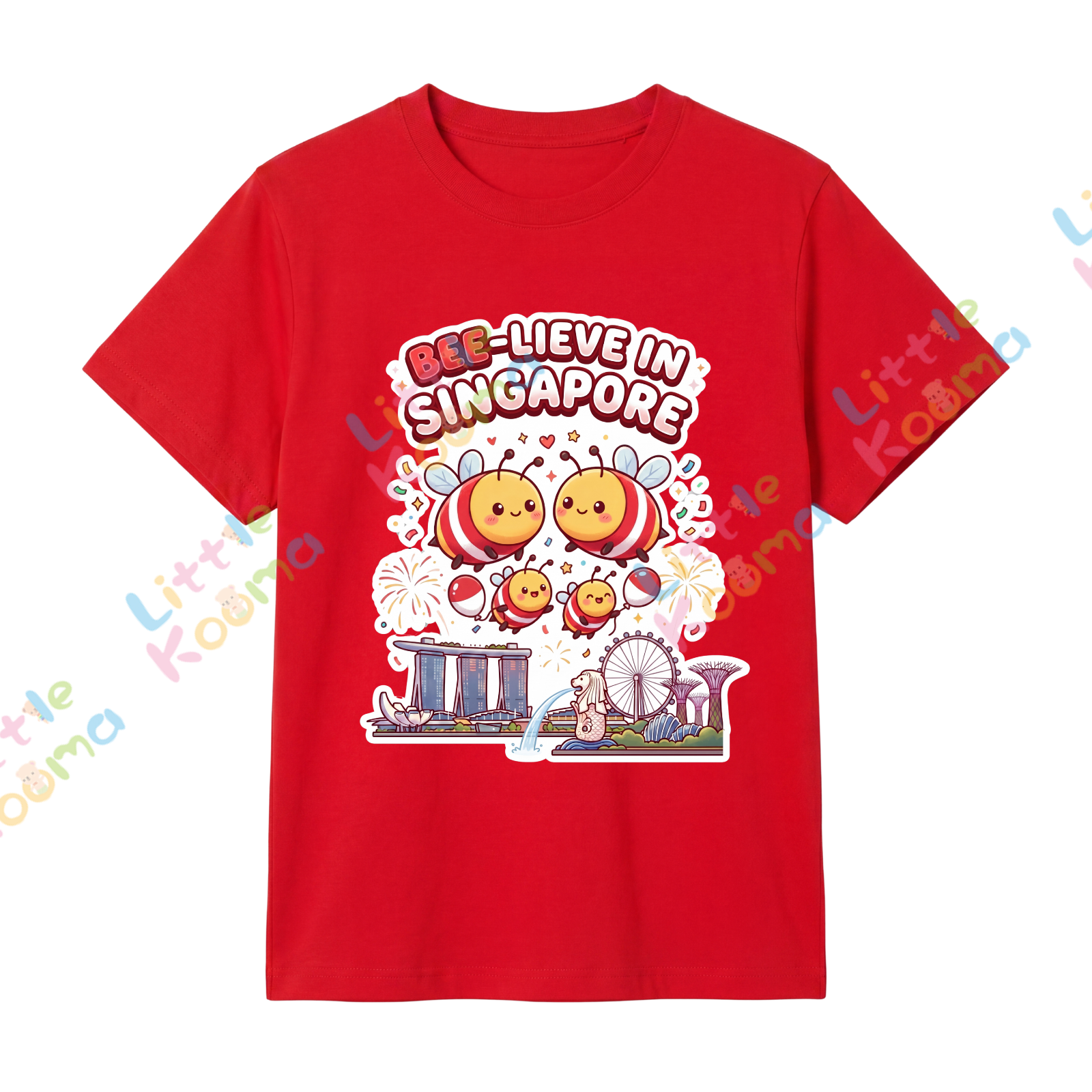 Singapore National Day Kids Red T-Shirt Family Matching Outfit - Bee-lieve in Singapore - Little Kooma