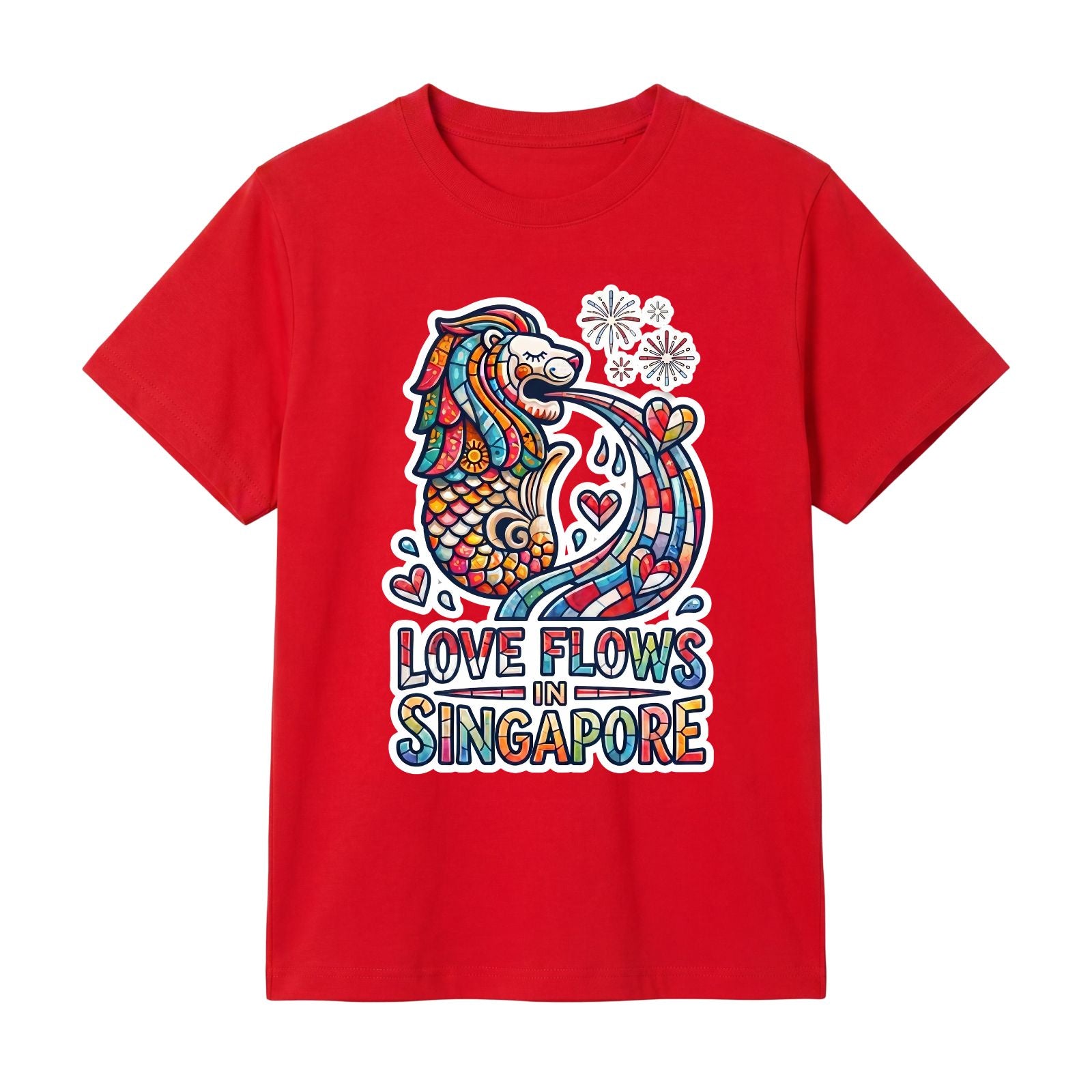 Singapore National Day Kids Red T-Shirt Family Matching Outfit - LOVE FLOWS in Singapore Merlion Design
