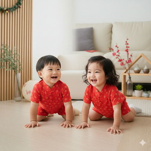 Singapore Souvenir Gift Blessing and Joy Family Set with Lucky Fu Characters Baby Boy Cheongsam Romper 0831 - Little Kooma