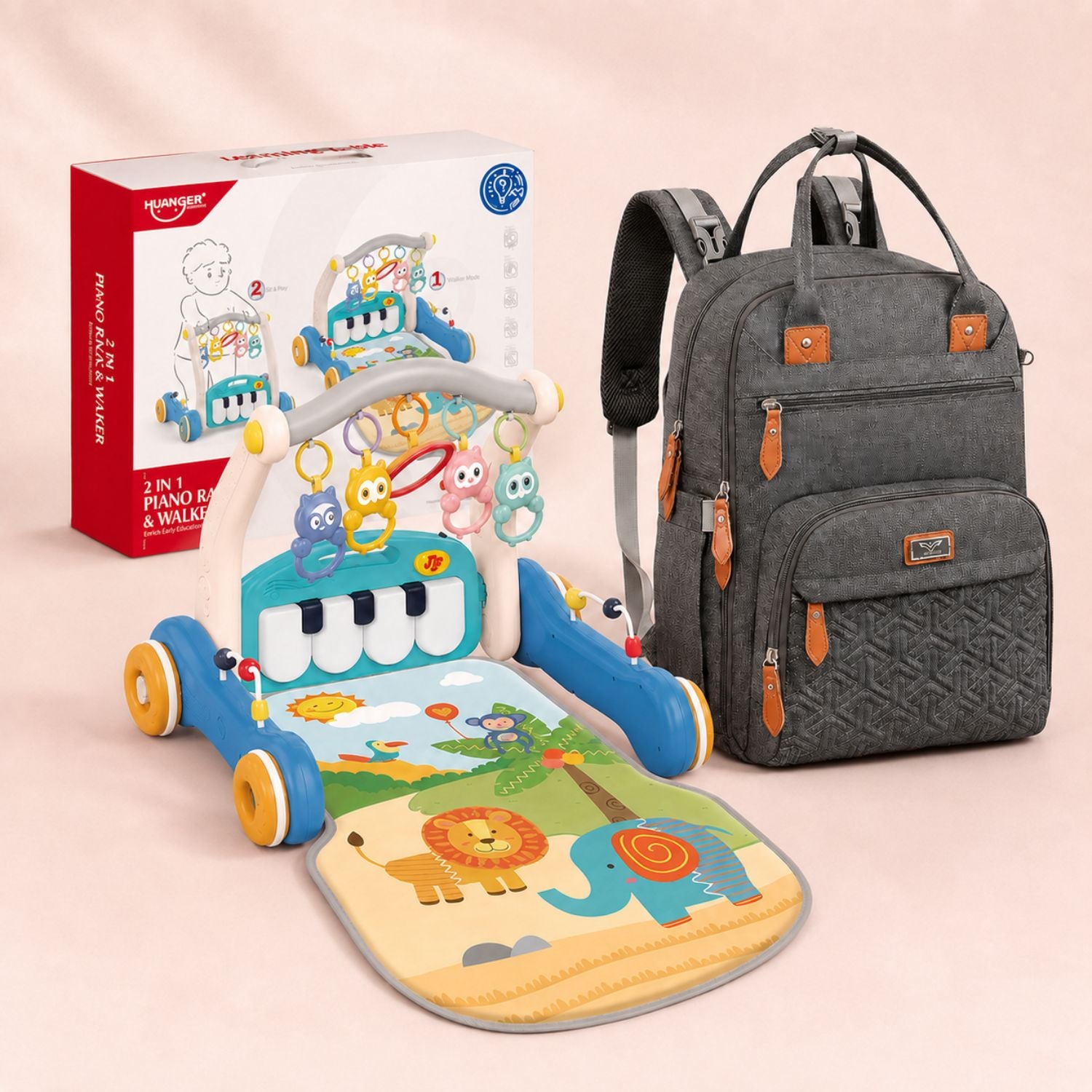 3-in-1 Baby Play Mat, Gym, Walker & Unisex Baby Diaper Bag Backpack for Mom & Dad