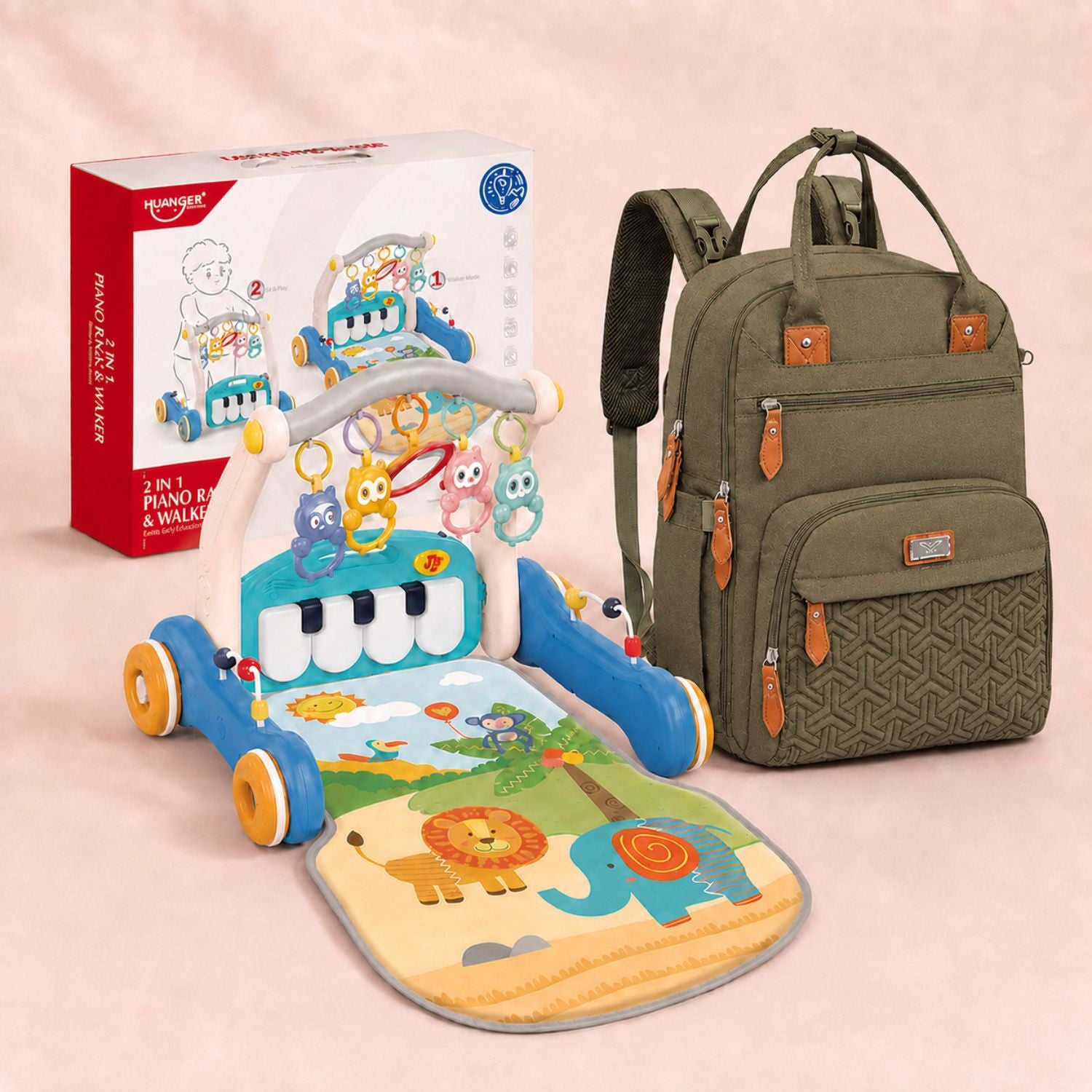 3-in-1 Baby Play Mat, Gym, Walker & Unisex Baby Diaper Bag Backpack for Mom & Dad